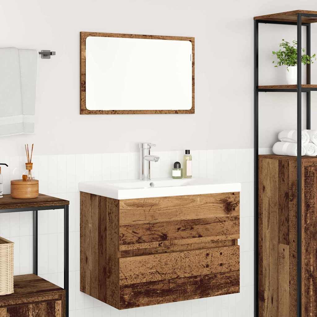 Juego de muebles de baño de madera recuperada, 61 x 39 x 45 cm, con lavabo y espejo, 2 cajones, mueble de baño, soporte de madera, diseño moderno para pequeños baños e invitados