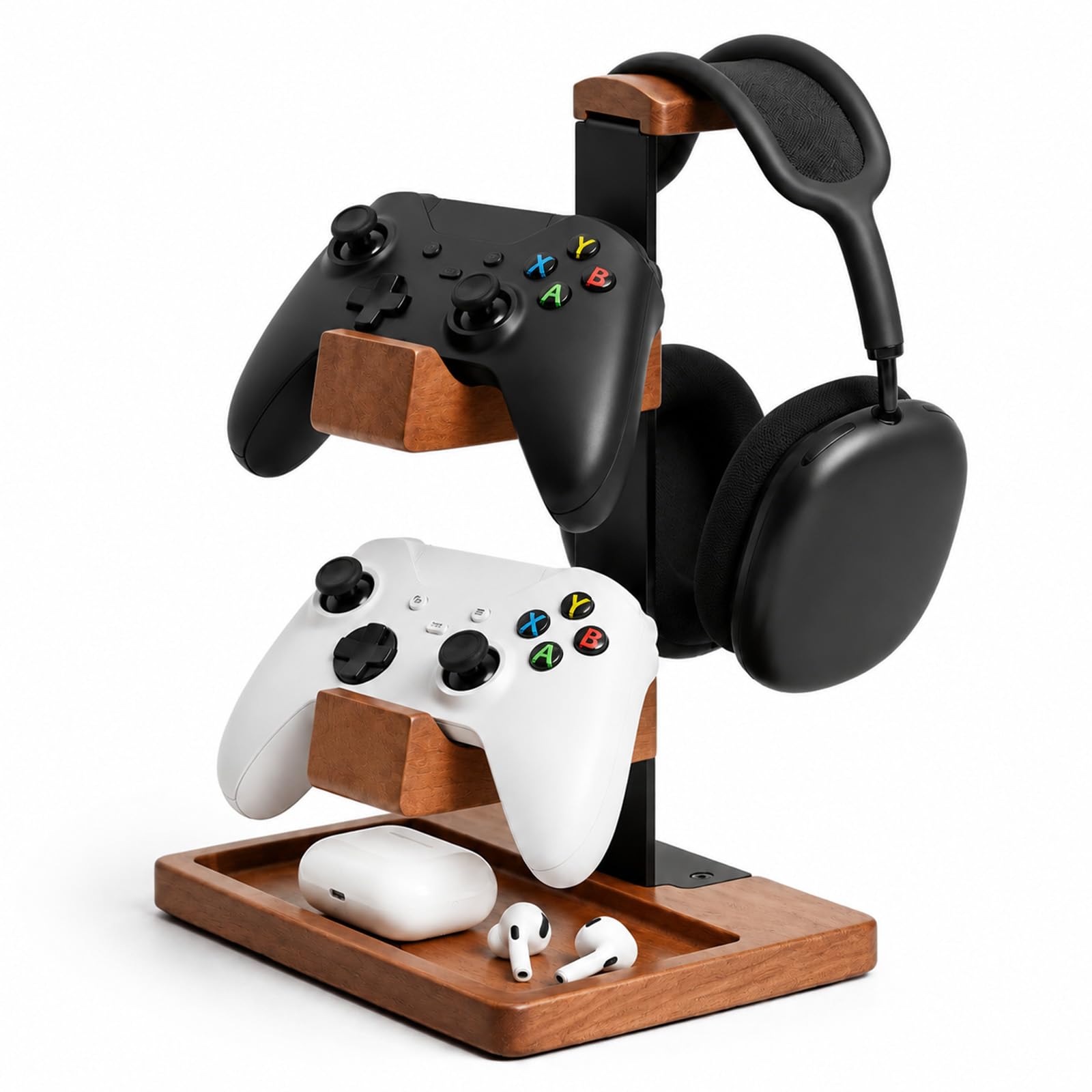 Controller Halter und Kopfhörer Ständer aus Holz, Tisch Headset Halterung mit Aufbewahrungsbasis, Universal Kopfhörerständer Gaming Zubehör