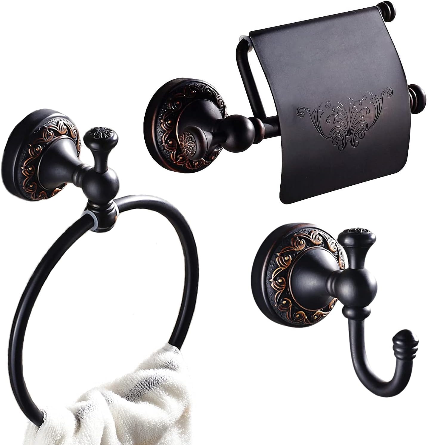 Leyden Oil Rubbed Bronze Toilet Paper Holder Towel Ring and Coat Hooks 3 Pieces Set for Bathroom Retro Hardware Wall Mounted