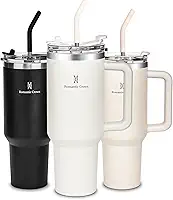 Romantic Crown Copo Térmico com Canudo Tampa e Alça 1,18L, Copos Garrafas Termico para viagem vácuo dupla camada aço inoxidável, Caneca Termica Cafe Água Chá,Presente, Fitness (Creme)
