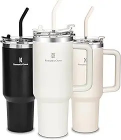 Romantic Crown Copo Térmico com Canudo Tampa e Alça 1,18L, Copos Garrafas Termico para viagem vácuo dupla camada aço inoxidável, Caneca Termica Cafe Água Chá,Presente, Fitness (Creme)