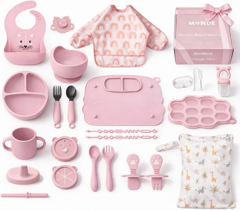 MONDE 25PCS Ultimate Silicone Baby Feeding Set, Complete Mealtime Baby-Led Weaning Essentials from Infant to Toddler, Bib, Smock, Sippy Cup, Dry Wet Bag, Placemat, Perfect Premium Gift Set (Pink)