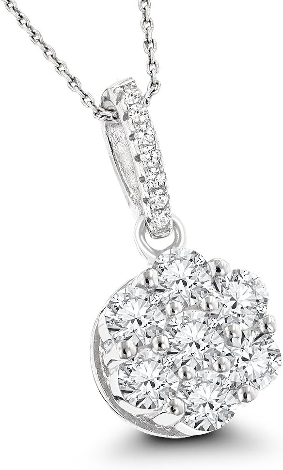 Womens Sterling Silver Necklace Rhodium Plated Round Cubic Zirconia Cluster CZ Pendant with Chain 18"