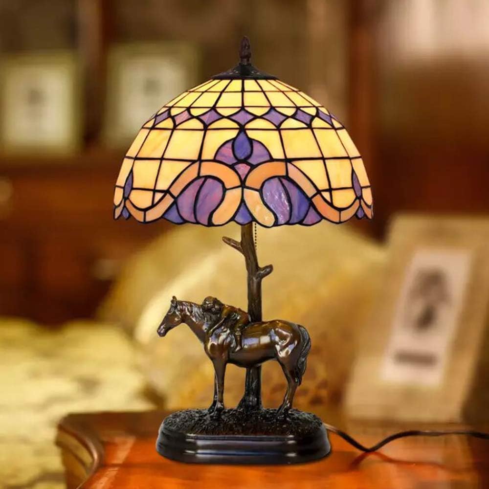 Table Lamp(E12x1 Bulbs)12 Inch Wide Stained Glass Desk Home Decor Lights Mediterranean Design Lamp Shades Pony Shape Bronze Base HT-Tiffany Lights for Bedroom Kitchen Coffee Table Bookcase Nightstand
