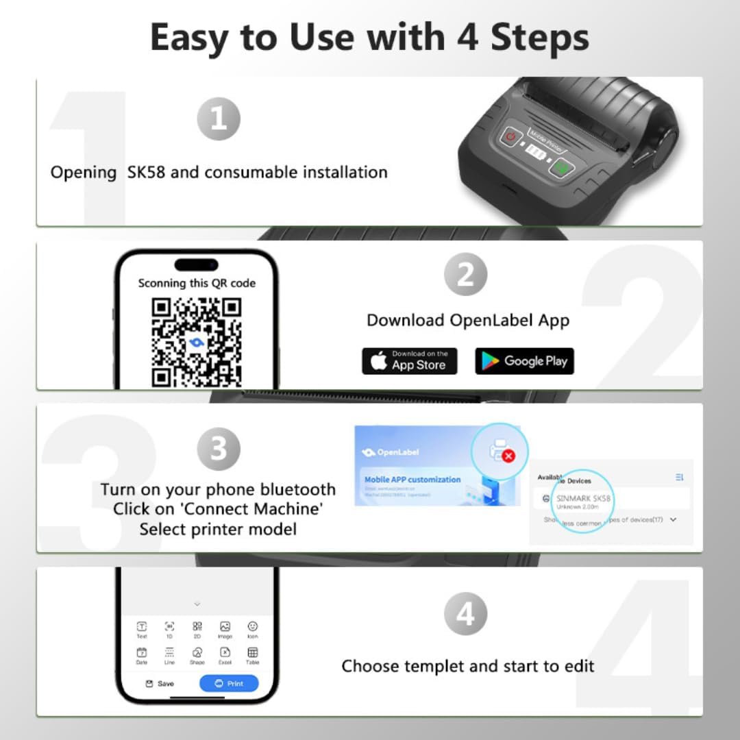 Steps for opening the SK58, installing consumables, downloading the app, connecting via Bluetooth, and choosing a template.