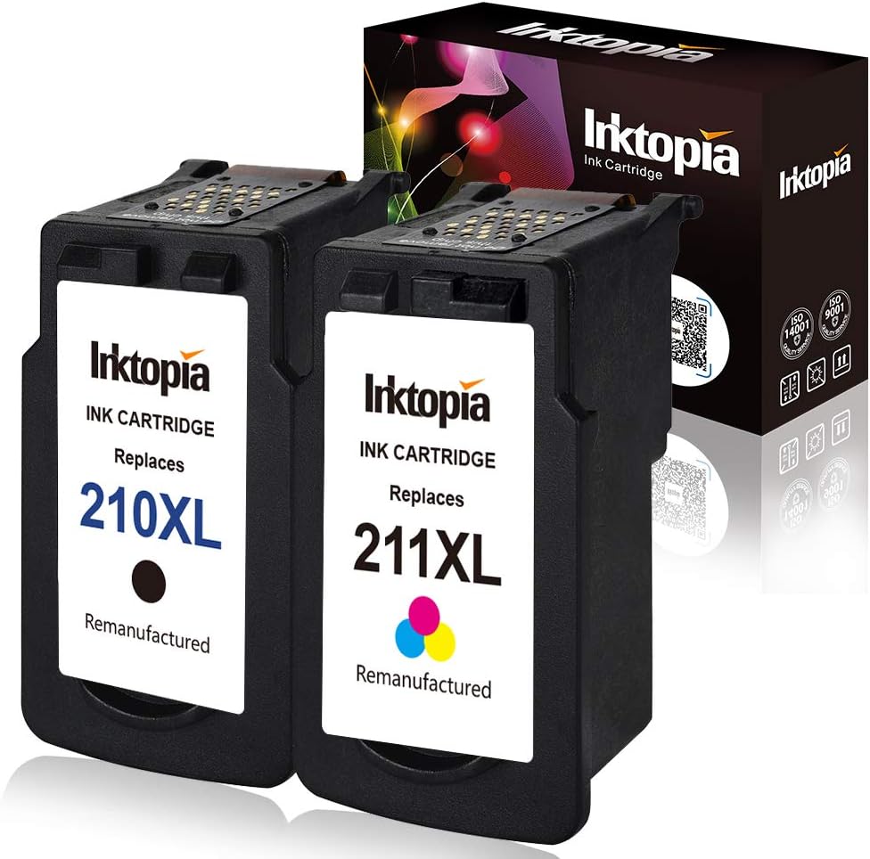 InktopiaRemanufactured for Canon PG-210XL CL-211XL 210 XL 211 XL Ink Cartridges High Yield (1 Black + 1 Tri-Color) Used in Canon PIXMA MP495 IP2700 MP490 MP480 MP280 MX330 MX340 XM410 MX420 MX350