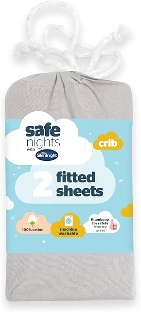 Silentnight Safe Nights Crib Size Fitted Sheets Set 100% Jersey Cotton Bedside Compatible Pack of Two Plain Grey Easy Care Super Soft Cuddly for Baby with Storage Bag (40cm x 90cm x 11cm)