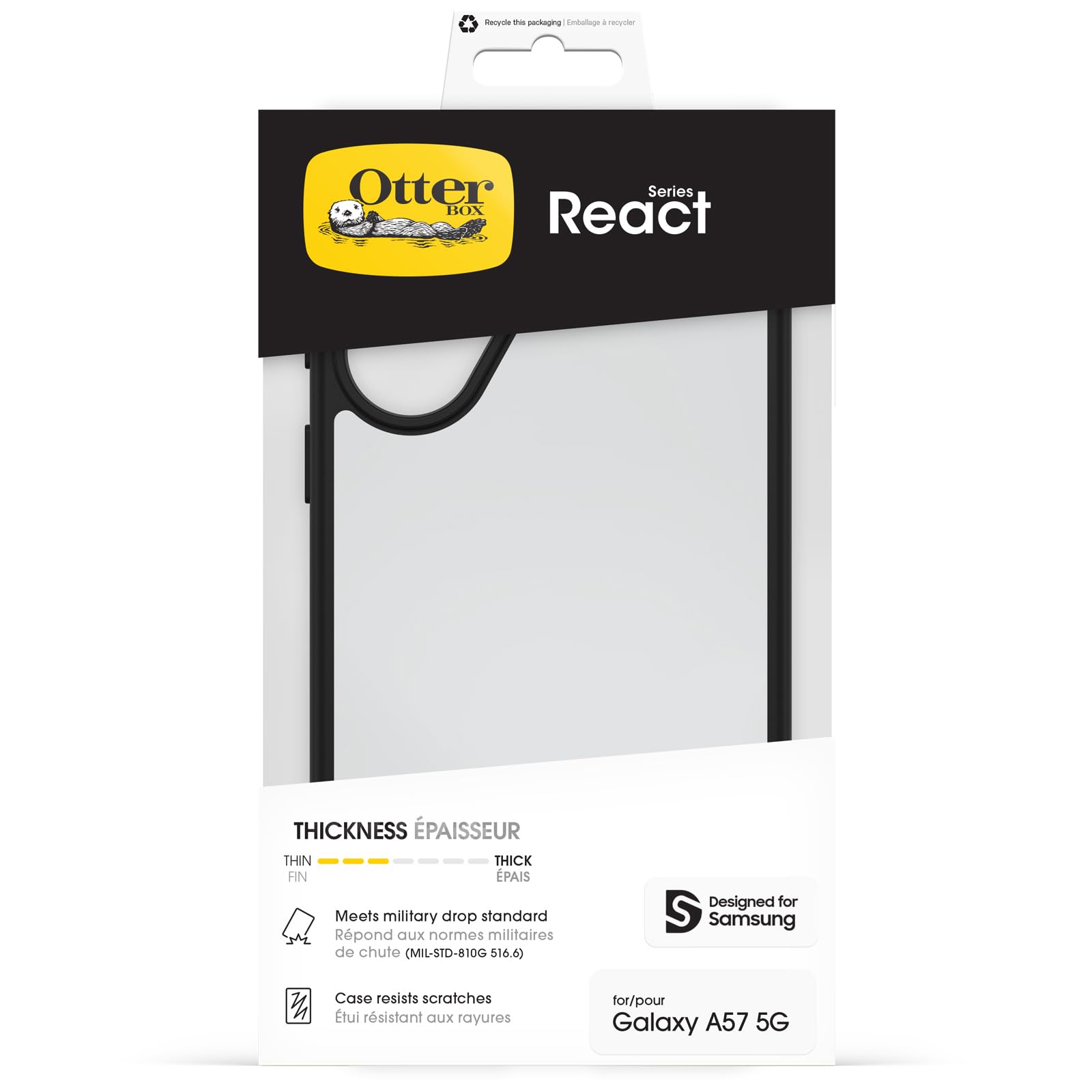 Otterbox Funda React Series para Samsung Galaxy A57 5G, Resistente a Golpes y caídas,Ultra-Fina, Protectora,Testada con los estándares Militares anticaídas, Transparente/Negro