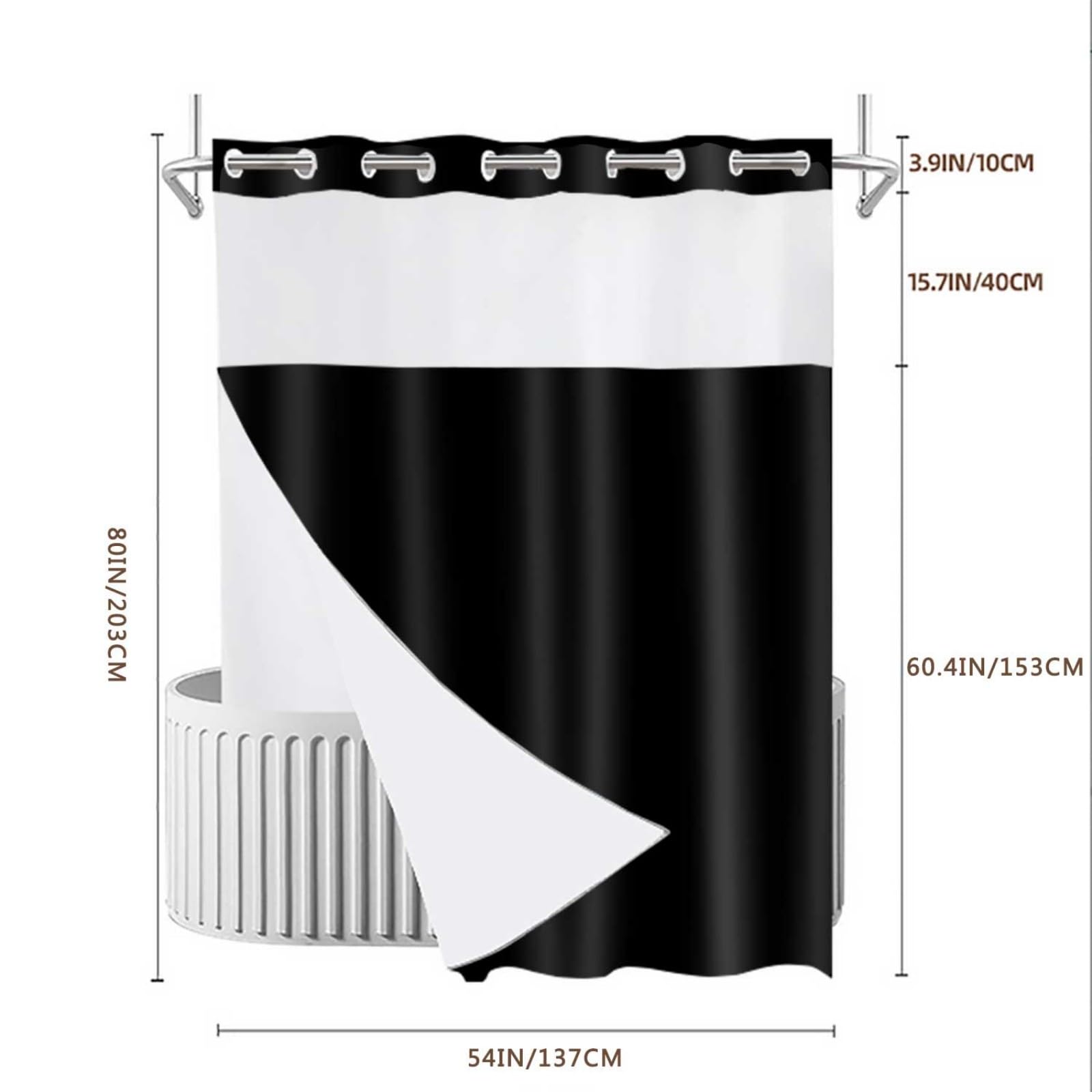 Cortina de ducha negra sin gancho con forro a presión, diseño moderno estilo hotel con ventana superior transparente, cortina de baño de doble capa, resistente al agua, lavable a máquina, 54 x