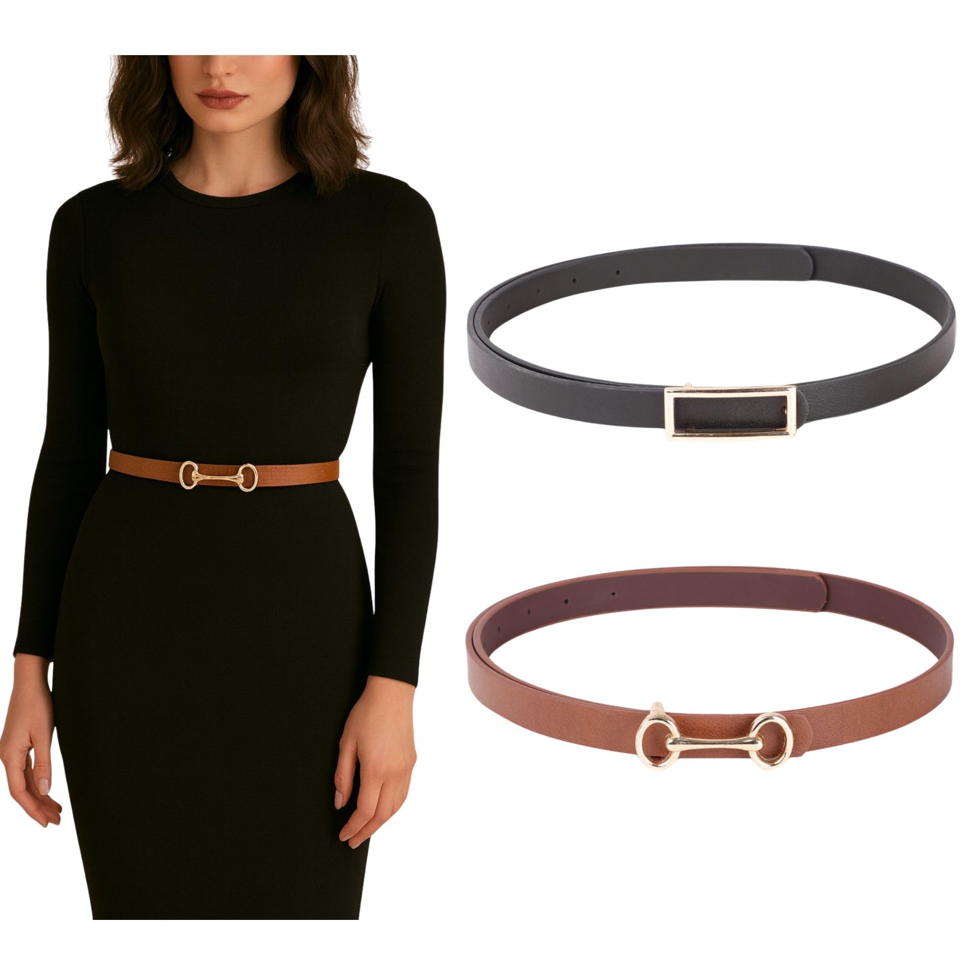 Stylish Pu Leather Waist Belt for Women – Adjustable for Jeans, Dresses & Saree – Fashionable & Comfortable|Black & Tan Color Combo pack of 2|Perfect for Casual & Formal Wear CB5562