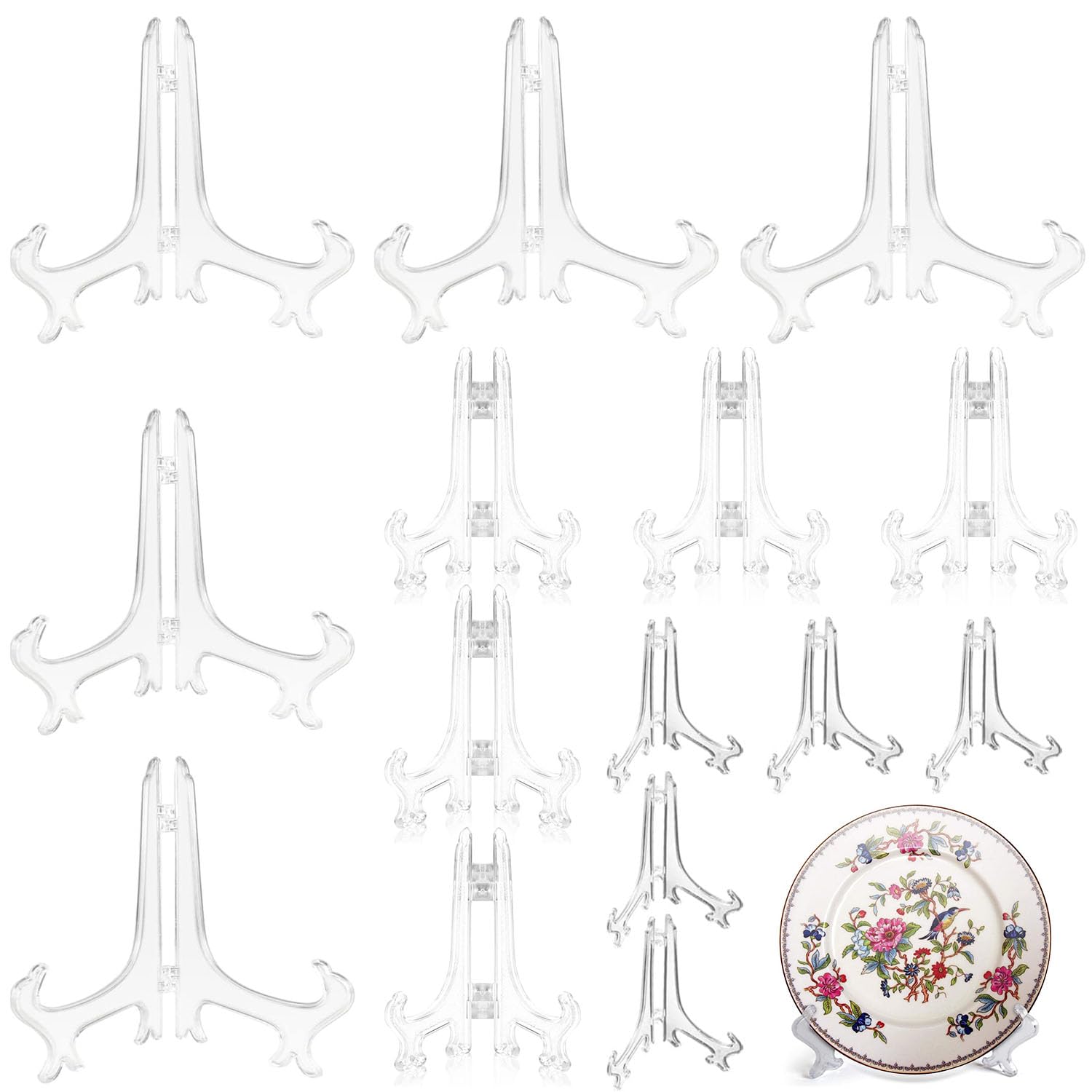 SHANGFENG 15 Pcs Clear Plate Stand for Display Decorative Stand 3'', 5''and 7'' Small Display Holders for Plates Books Photos Table Numbers Foldable Home Office Decor