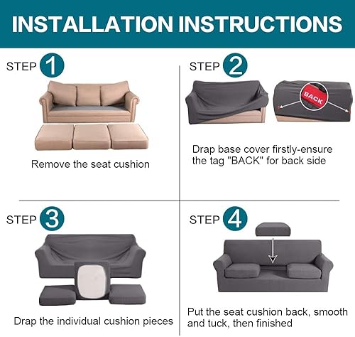 Miniatura 7 de Turquoize Fundas de sofá de 4 piezas para sofá de 3 cojines individuales, paquete de 2 fundas para silla, color gris