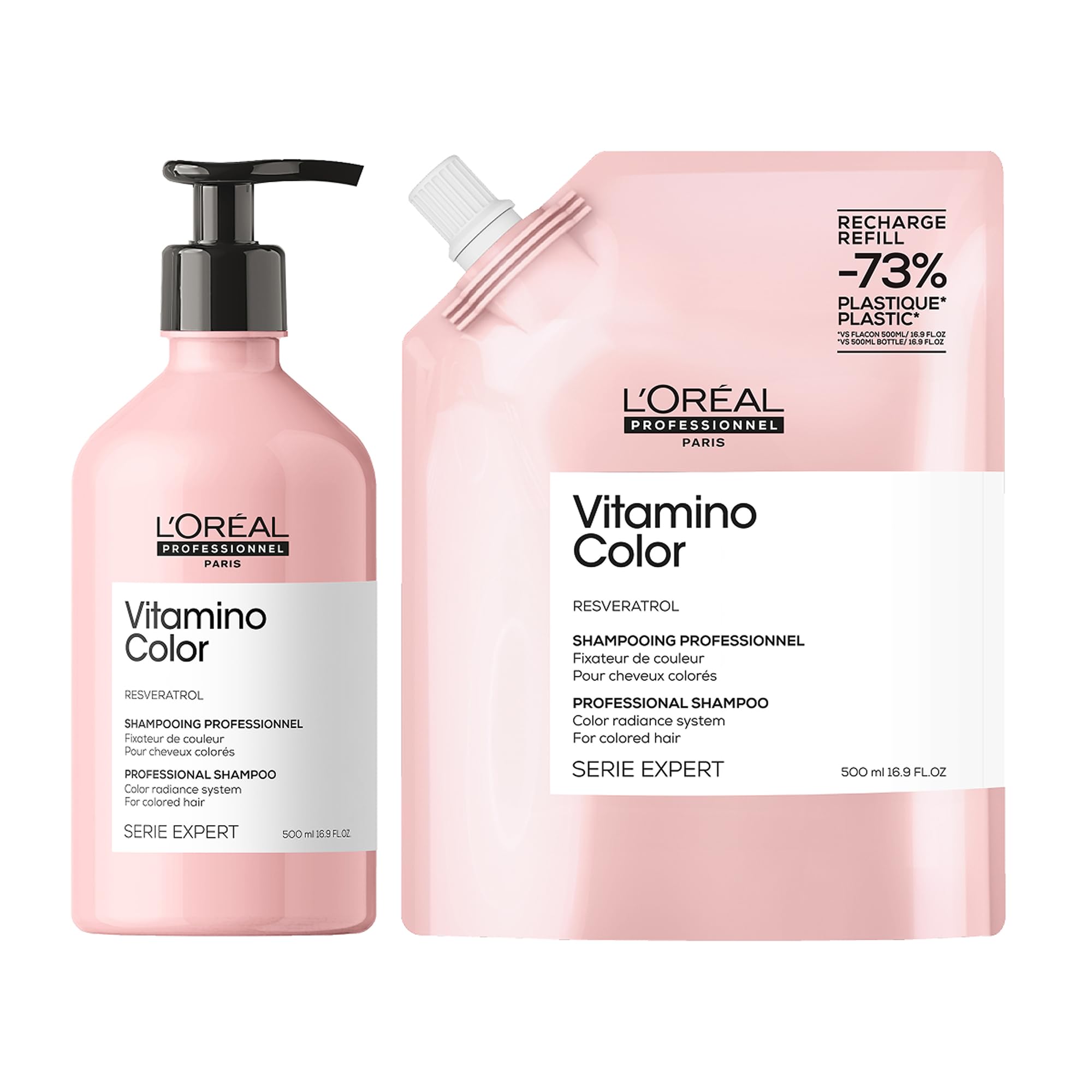 L’Oréal Professionnel, Pack Sostenible, Champú y Recarga Profesional, Protector de Color con Resveratrol, para Cabello Teñido o con Mechas, Vitamino Color, 500 ml + 500 ml