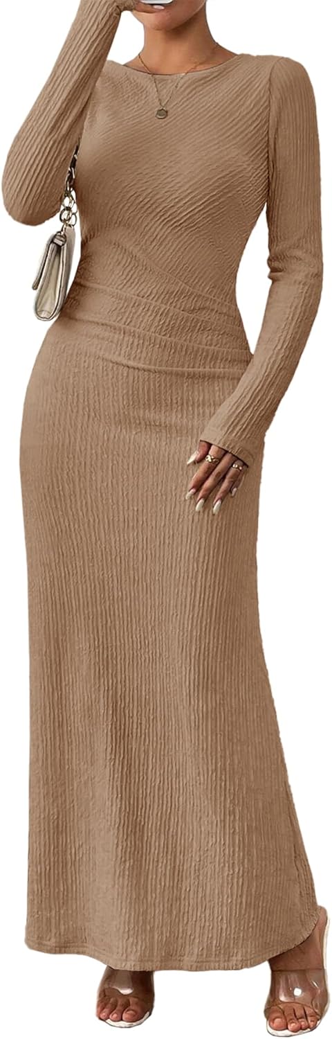 MITILLY Fall Dress for Women 2026 Long Sleeve Maxi Dress Formal Crew Neck Bodycon Ruched Cocktail Party Dresses