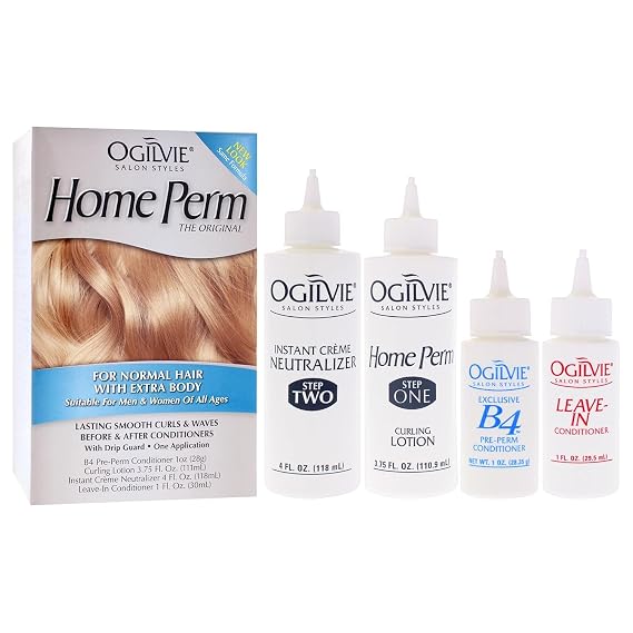 Ogilvie Salon Styles Home Perm The Original with Extra Body for Men & Women - For Color Treated, Normal Hair - Lasting Smooth Curls & Waves Before & After Conditioners with Drip Guard - 1 Application
