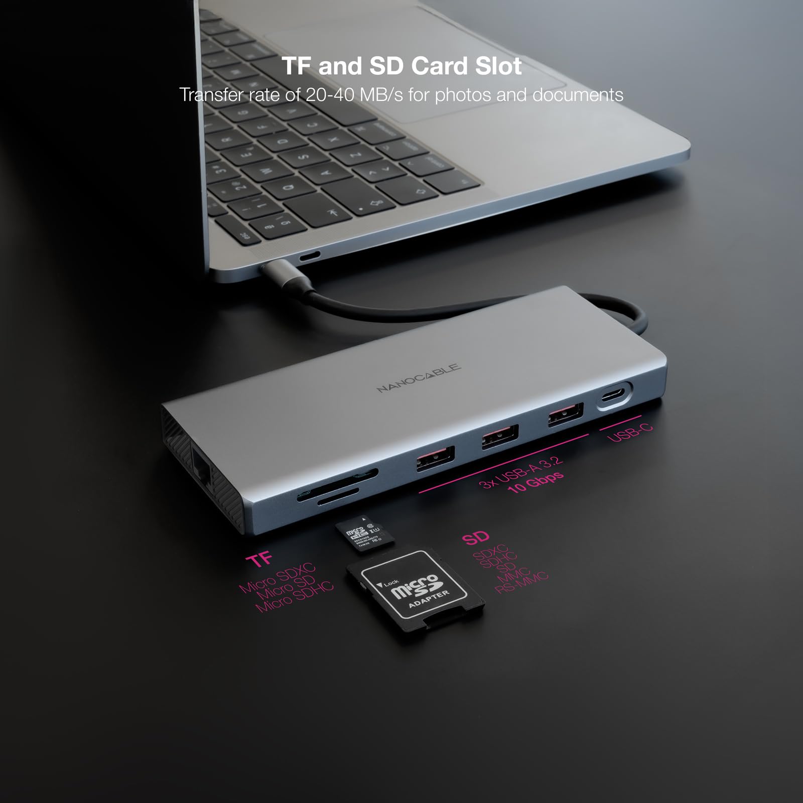 NANOCABLE 10.16.4612, koncentrator USB-C 12 w 1, konwerter USB-C 3.1 na 3 x USB-A 3.2 + USB-C 3.2 + USB-C PD + 2 x HDMI 4K @ 60 Hz + DP 4K przy 60 Hz + RJ45 1 Gb/s, TF, SD + Audio Jack 3.3.2 5