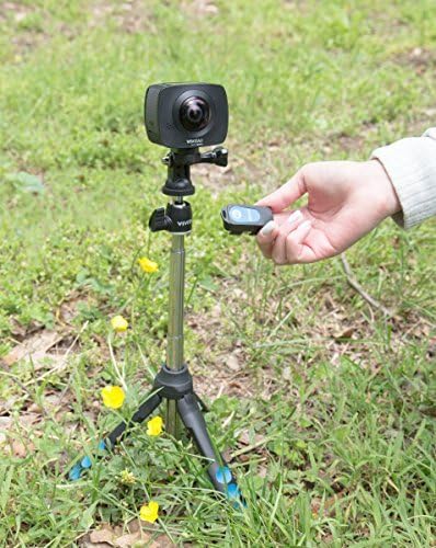 Vivitar DVR988-BLK 360 Action Camera on a tripod with remote control