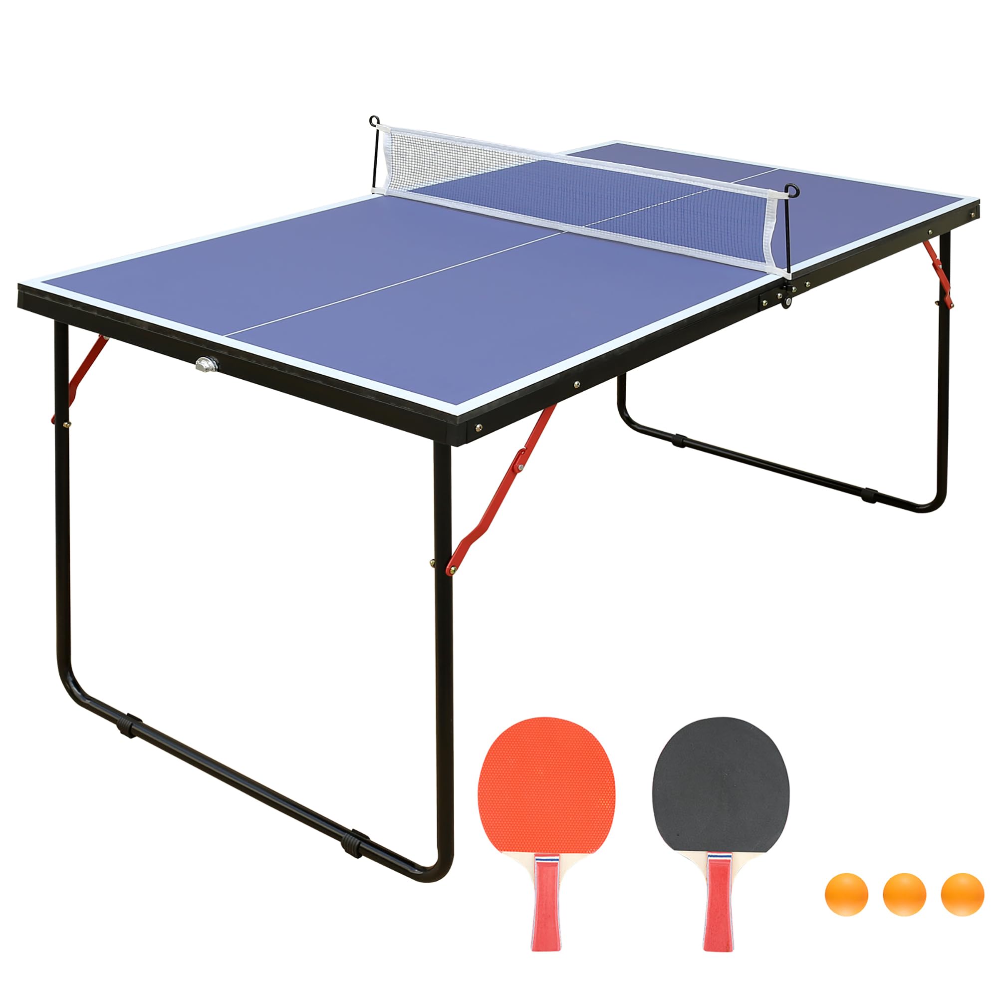 Tavolo da ping pong pieghevole da 137 cm, set da ping pong con rete e 2 racchette, pannello in MDF blu, gambe in metallo a forma di U, antiscivolo, salvaspazio, per interni ed esterni, bambini e