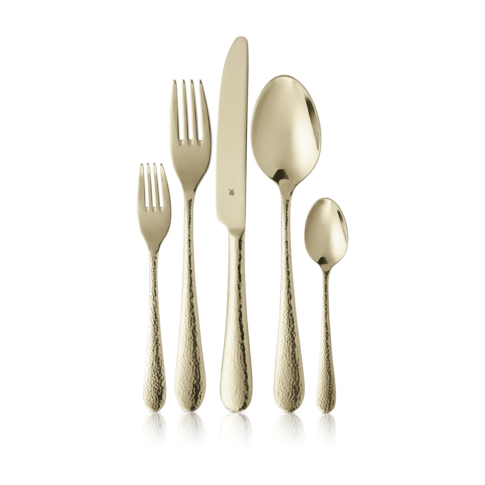 WMF Sitello Besteck Set 6 Personen, Gold-Edition, Essbesteck Set 30 teilig, Monobloc-Messer, Cromargan Edelstahl poliert, Hammerschlag, ergonomisch, glänzend, gold