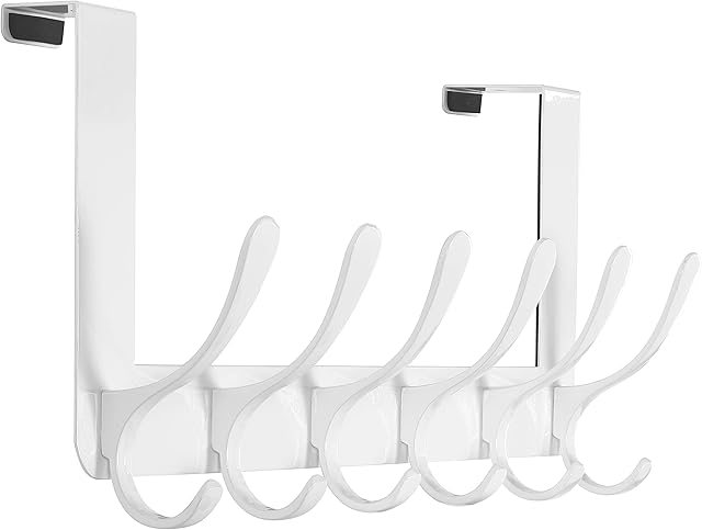SKOLOO Over The Door Hooks - for Doors up to 4.5cm Thick, Stainless Steel Door Hanger with 6 Hooks, Over The Door Hanger for Coats Clothes Hat Towel Jacket, White