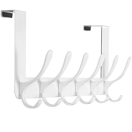 SKOLOO Over The Door Hooks - for Doors up to 4.5cm Thick, Stainless Steel Door Hanger with 6 Hooks, Over The Door Hanger for Coats Clothes Hat Towel Jacket, White