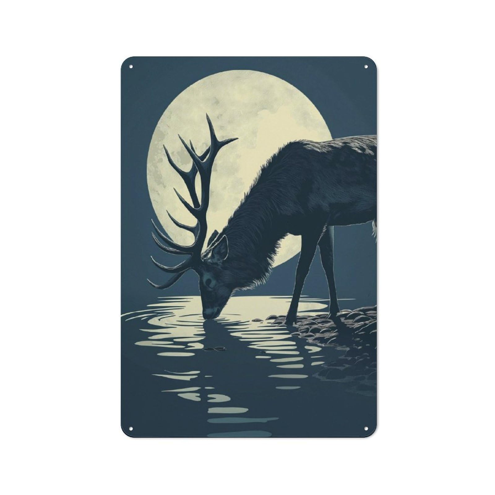 Junmoney Deer Drink Water Moonlight Old Fashioned Retro Metal Sign 30X20cm Featuring Vintage Wall Decor For Kitchen, Hallway, Bar Or Small Cafe