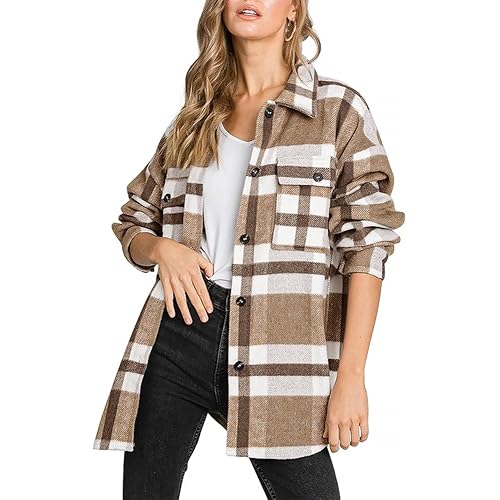 Beaully Women's Flannel Plaid Shacket 2025 Fall Outfits Long Sleeve Button Down Shirts Jacket Coats with Side Pockets