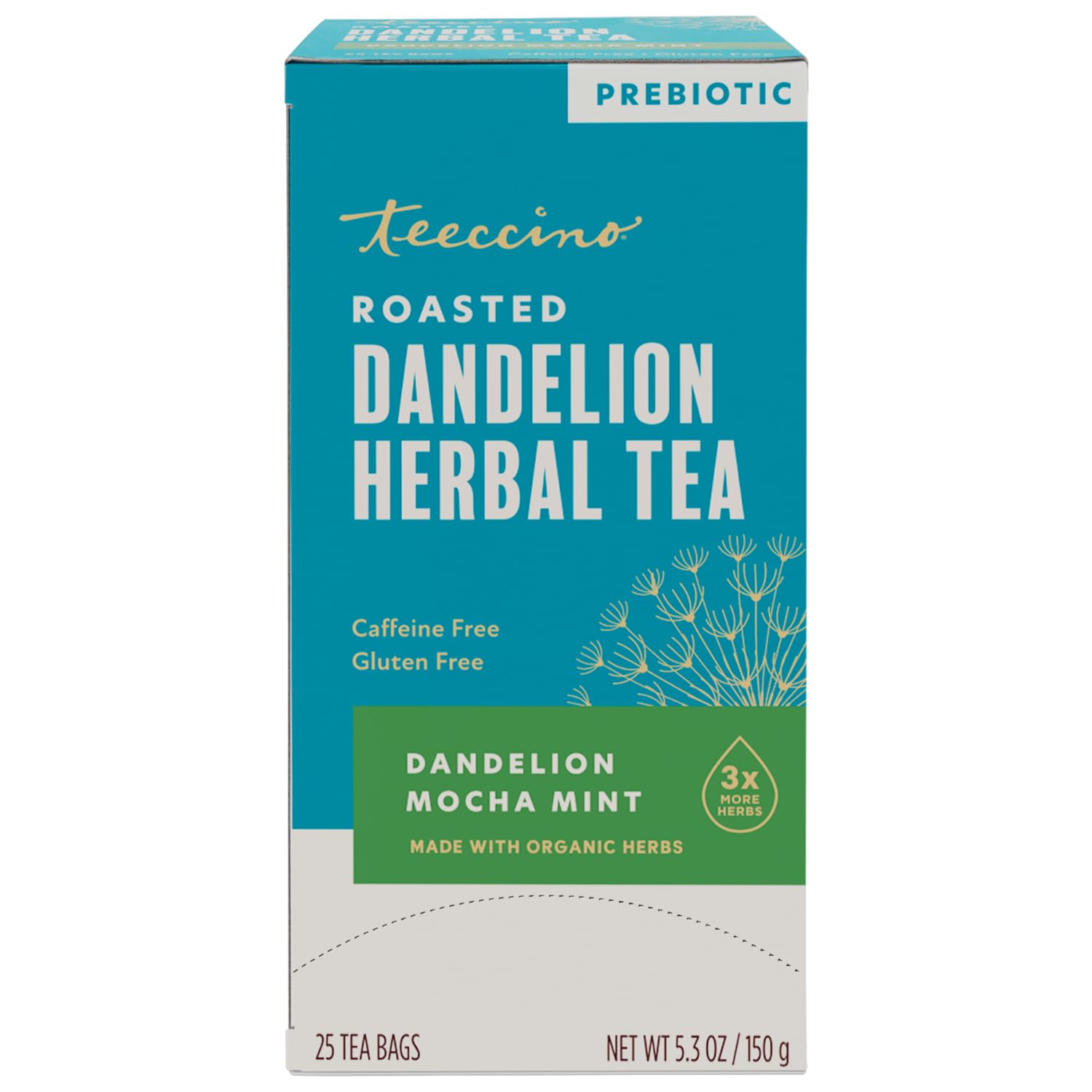 Teeccino Dandelion Root Tea - Mocha Mint - Caffeine Free, Roasted Herbal Tea with Prebiotics, 3x More Herbs than Regular Tea Bags, Gluten Free - 25 Tea Bags