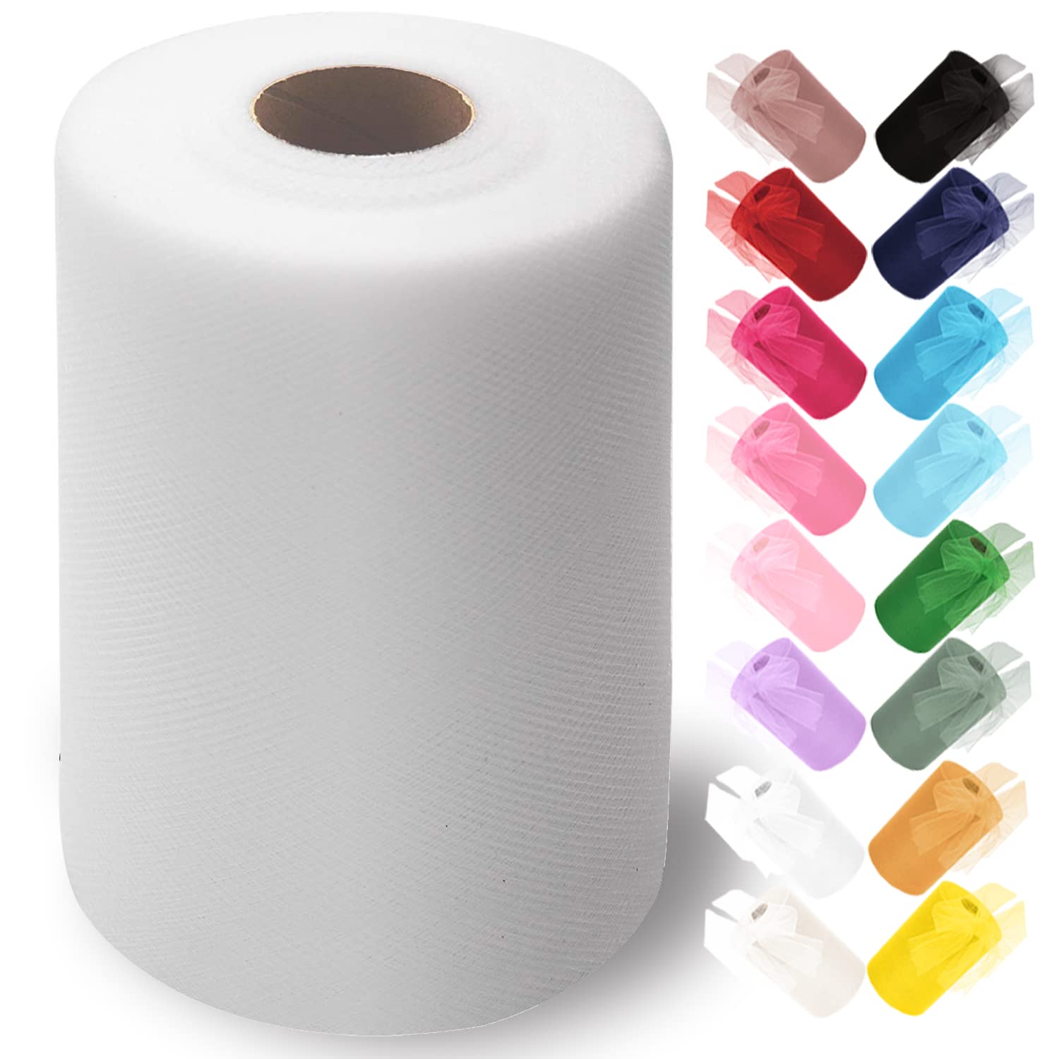 Tulle Fabric Roll 6 Inches x 100 Yards (15cm x 91m) Tulle for Tutu Dress Pom Poms Gift Wrapping Baby Shower Wedding (White)