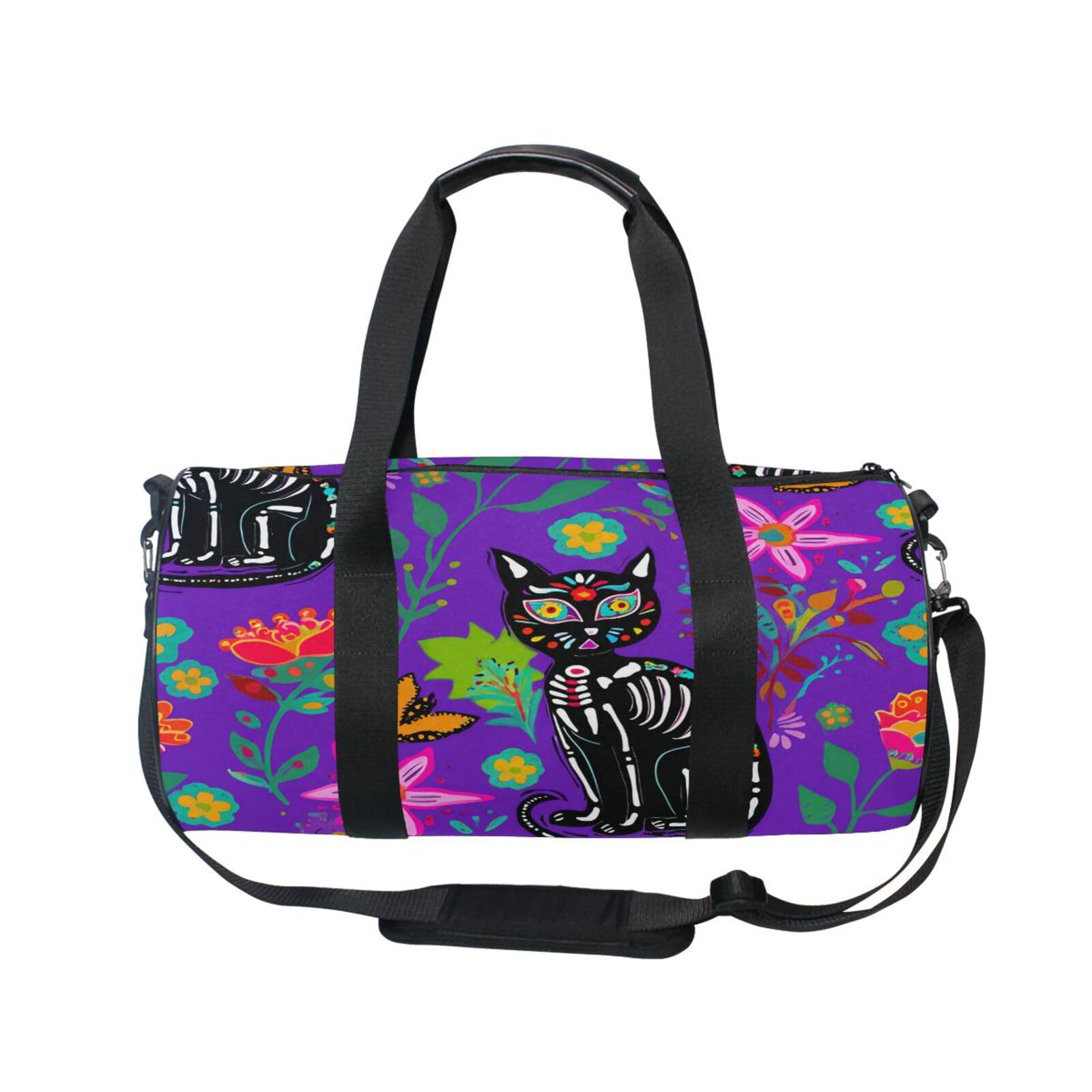 BOESI Doodle Cat and Flowers Travel Gym Bag, Lightweight Sports Bag, Hand-carrying and Shoulder-carrying, Suitable for Men and Women