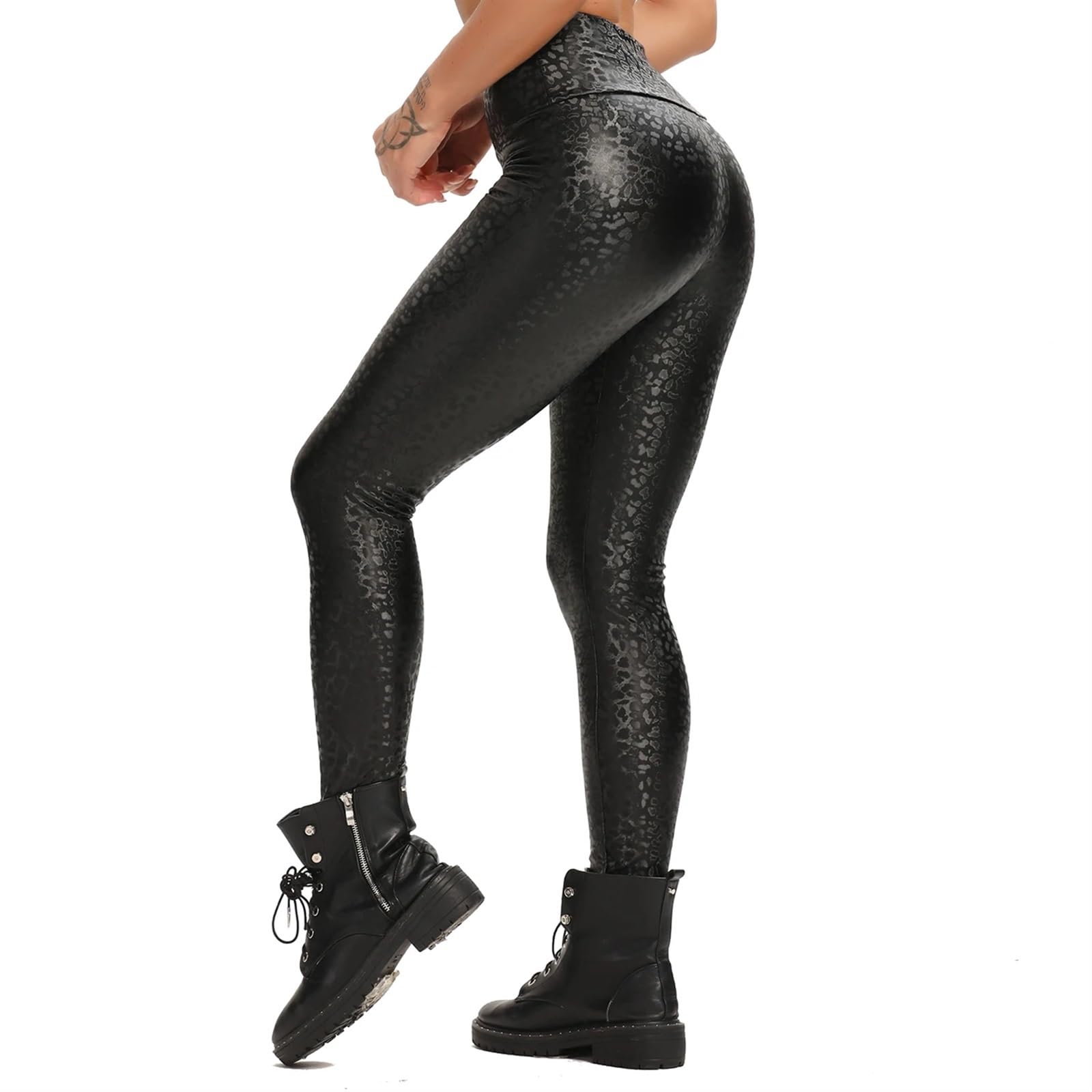Pantalon yoga mujer Moda mujer PU pantalones de cuero elásticos de cintura alta Leggings de invierno Leggings de cuero delgados pantalones de lana ajustados pantalones de leopardo PU(Black Snake,S)