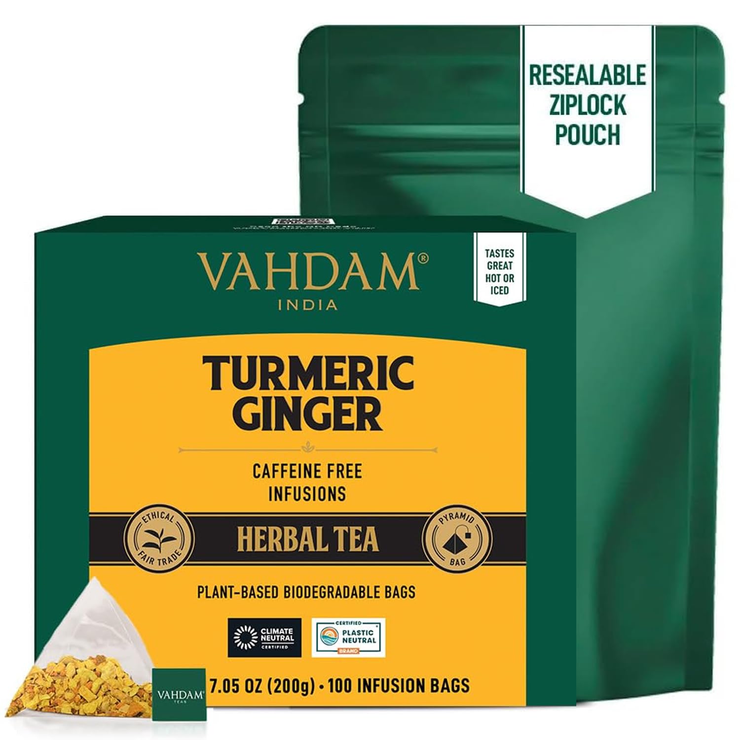  Turmeric Ginger Herbal Tea Bags (100 Pyramid Tea Bags) Caffeine Free, Non GMO | 100% Pure Herbal Blend - Savory & Spicy, Plant-Based Teabags | Resealable Ziplock Pouch thumbnail
