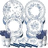 Blue Floral Plates and Napkins Tableware Sets - Serves 24, Includes Flower Paper Plates, Napkins Cups Knives Forks, Vintage Floral Plate for Wedding Bridal Tea Party Supplies