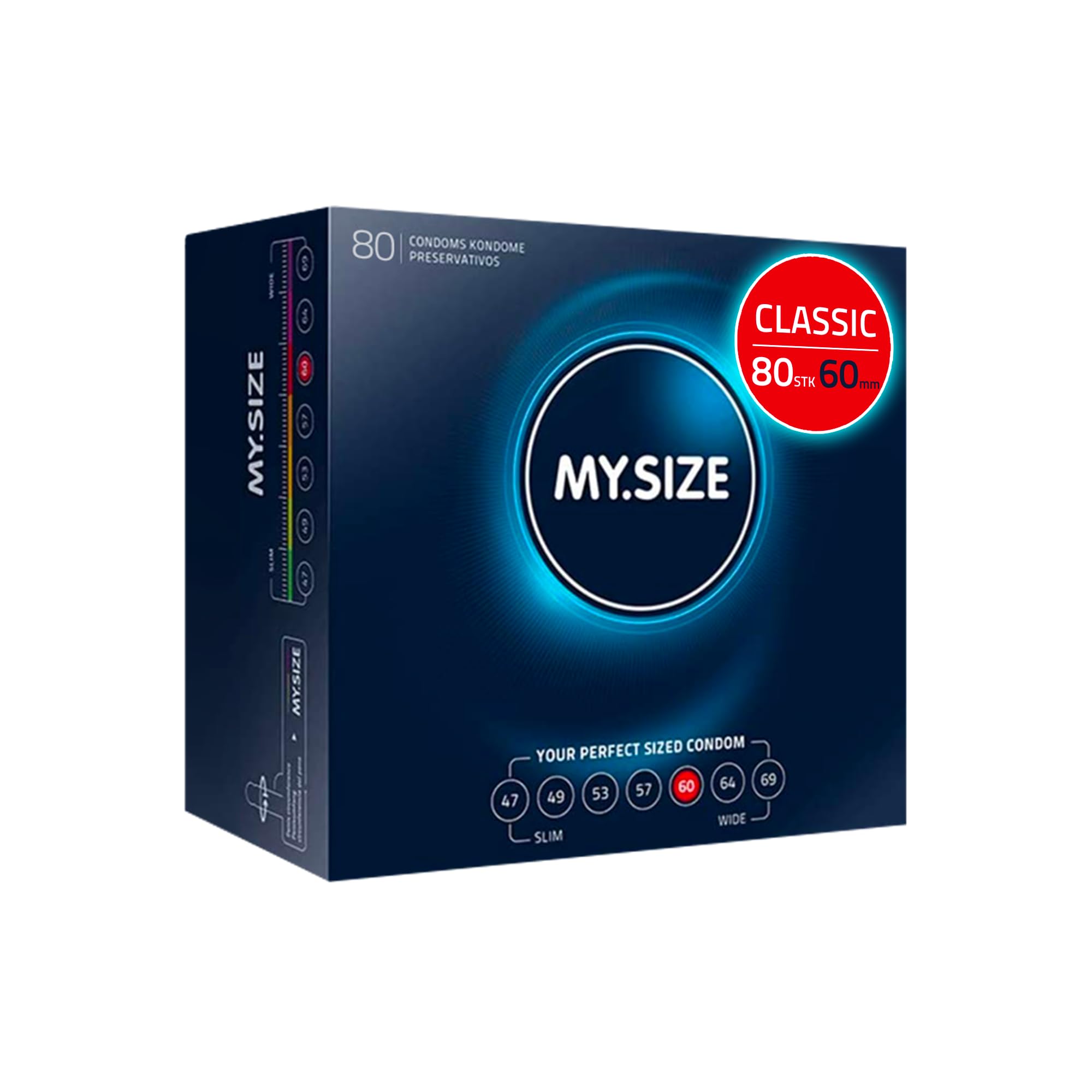 MY.SIZE Classic Kondome Größe 5 | 60 mm Breite | 80 Stück Megapackung | extra dünn | gefühlsecht hauchzart | dünne 0,07 mm Wandstärke