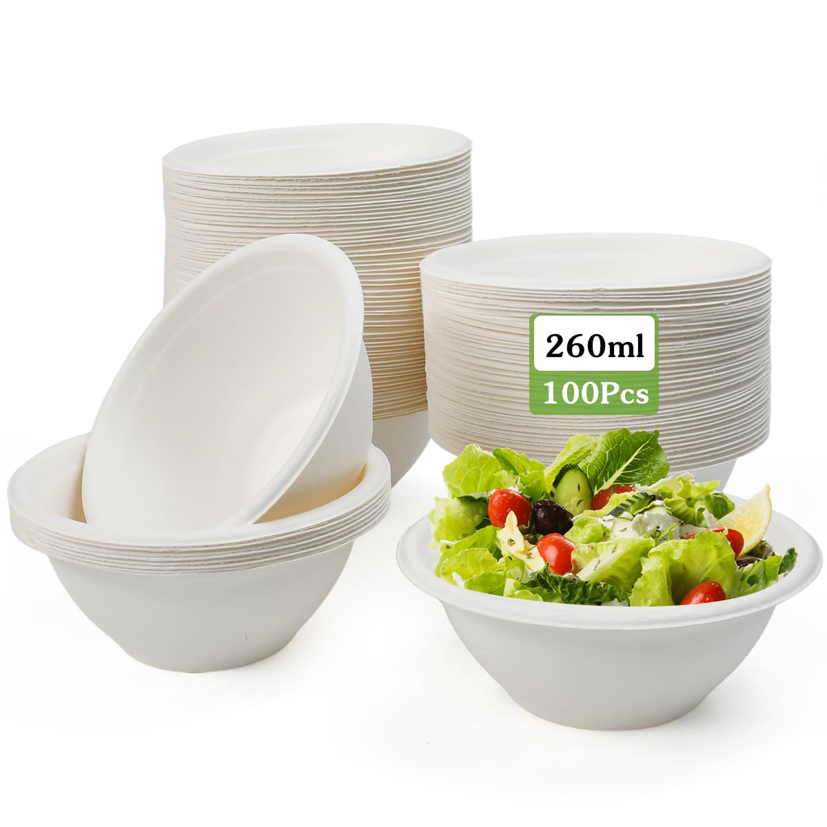 Kleemeiero 100 Pezzi Ciotole di Carta Bagasse di Canna da Zucchero 260ML Ciotola per Zuppa Biologica Rotonda Bianca Biodegradabili e Compostabili Piatti Carta per Picnic Barbecue Feste