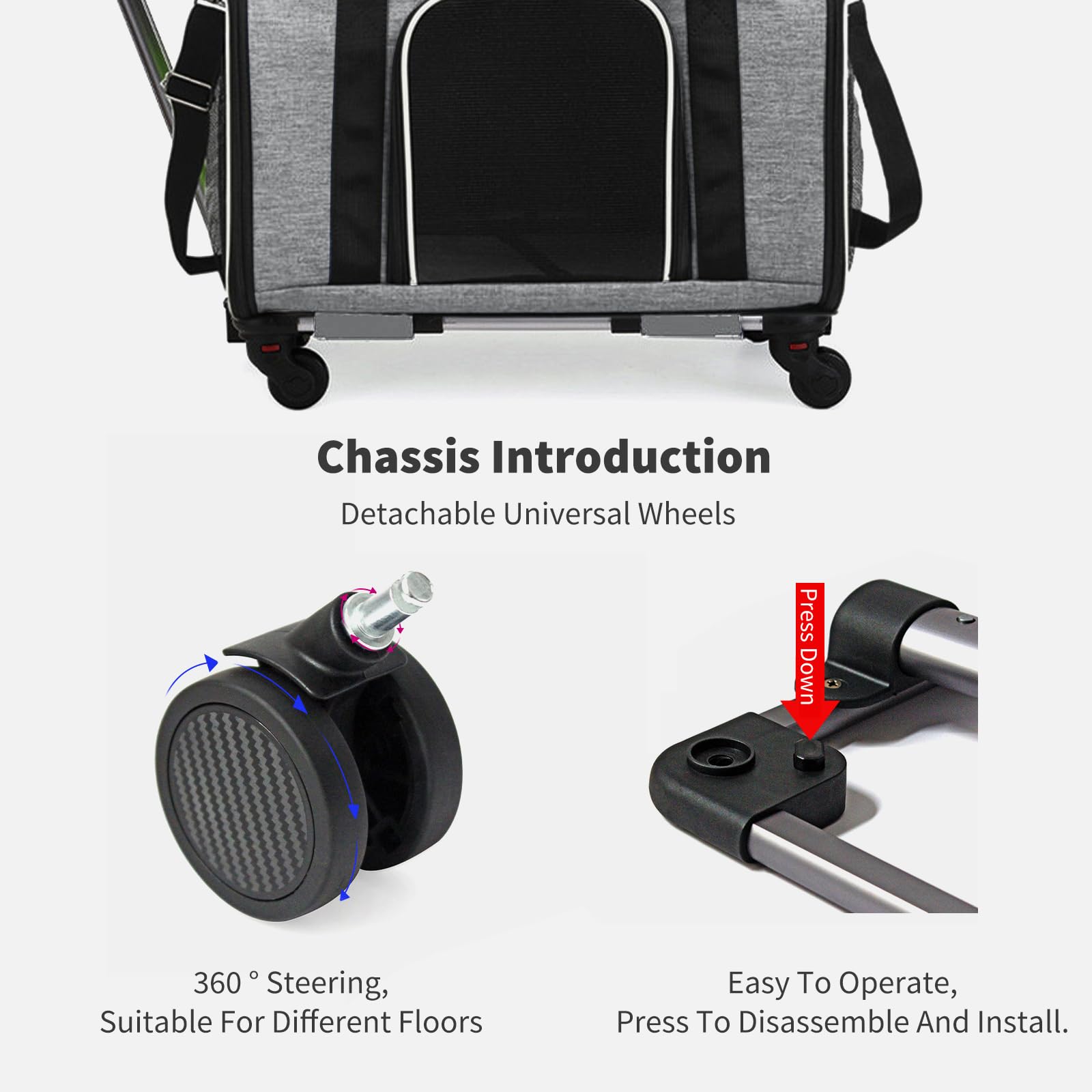 PETCUTE Transportín Perro Gato Mascotas,Transportín Transpirable para Mascotas con Ruedas,Plegable Bolsa Transporte de Viaje para Gatos con Asa Telescópica,Alfombrilla Extraíble,Carga de 8.5kg
