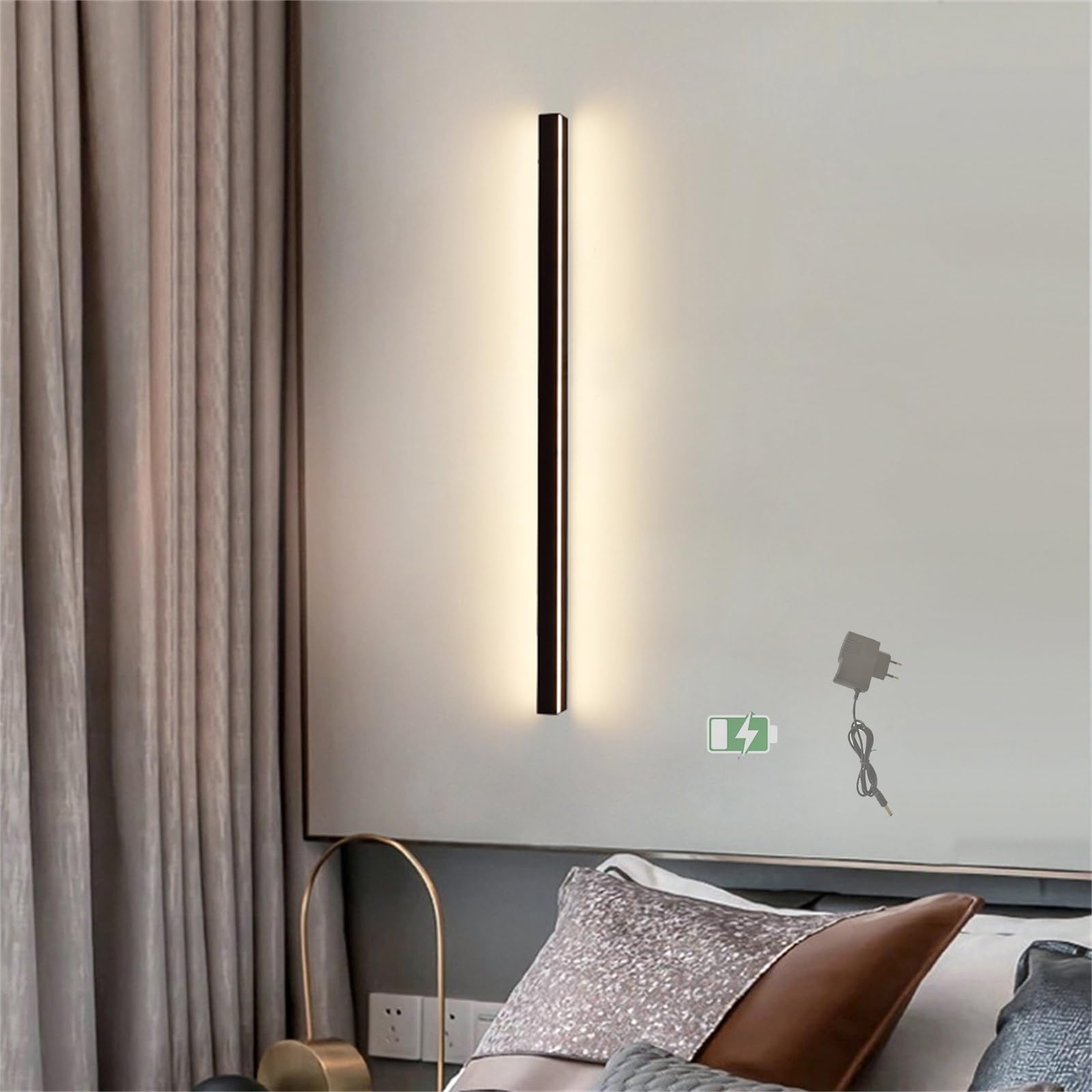 Applique Murale LED Rechargeable Batterie avec Interrupteur Lampe Murale Aluminium Acrylique Intérieur Éclairage Mural Noir Longue Design Moderne Luminaire Mural Pour Couloir (100cm,Lumière Chaude)