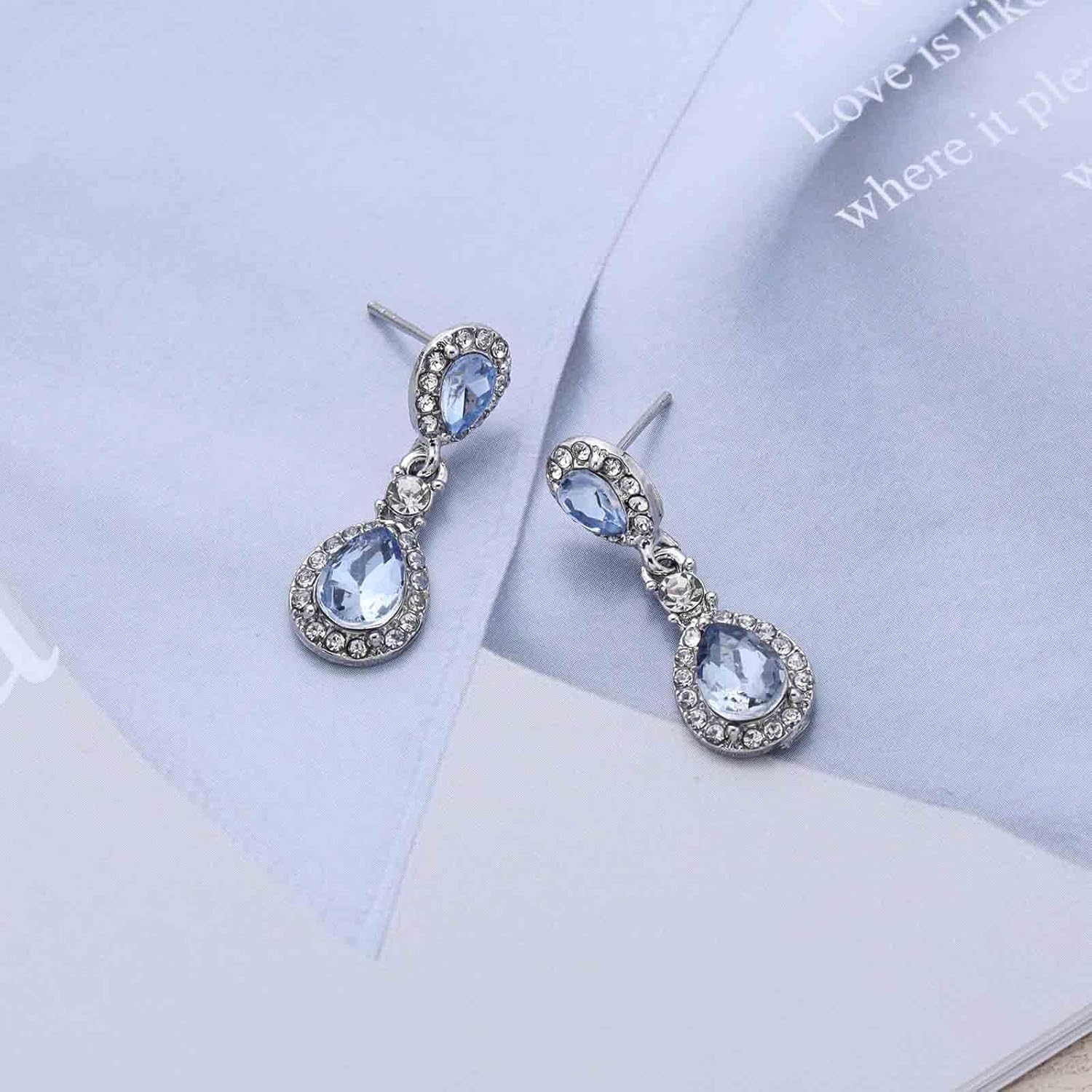 Vintage Teardrop Sapphire Earrings Blue Crystal Drop Earrings Silver Rhinestone Teardrop Earring Oval Cz Sapphire Earring Sparkly Bridal Wedding Statement Jewelry for Women - Image 5