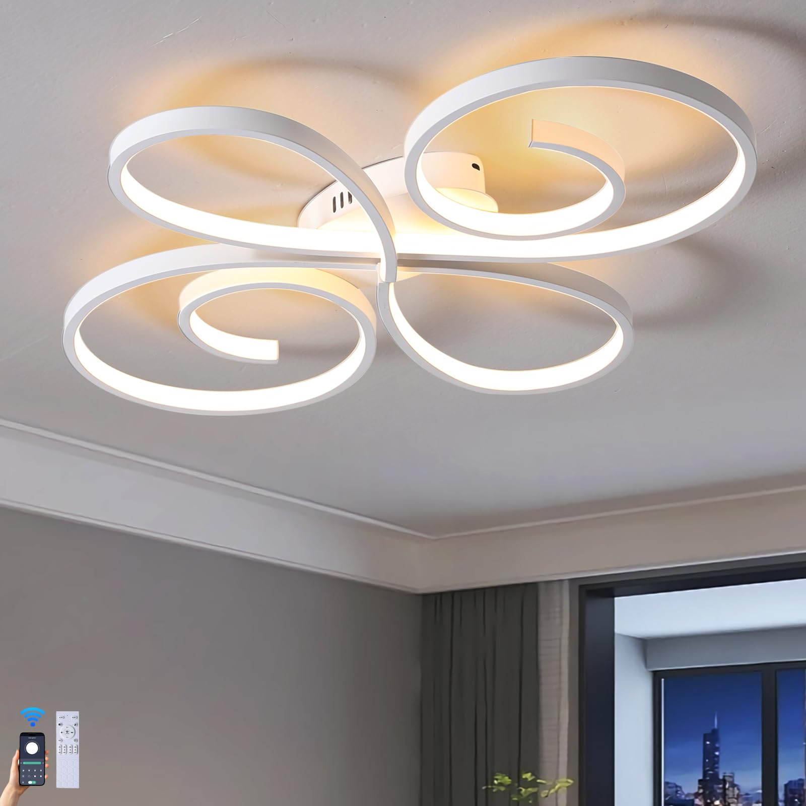 Lampadario Salotto Moderna Telecomando e App,Plafoniera Led Creativa da 58w a Forma di Fiore, Plafoniera Intelligente con Dimmerabile E Timer,Per Soggiorno,Camera Da Letto,Cucina