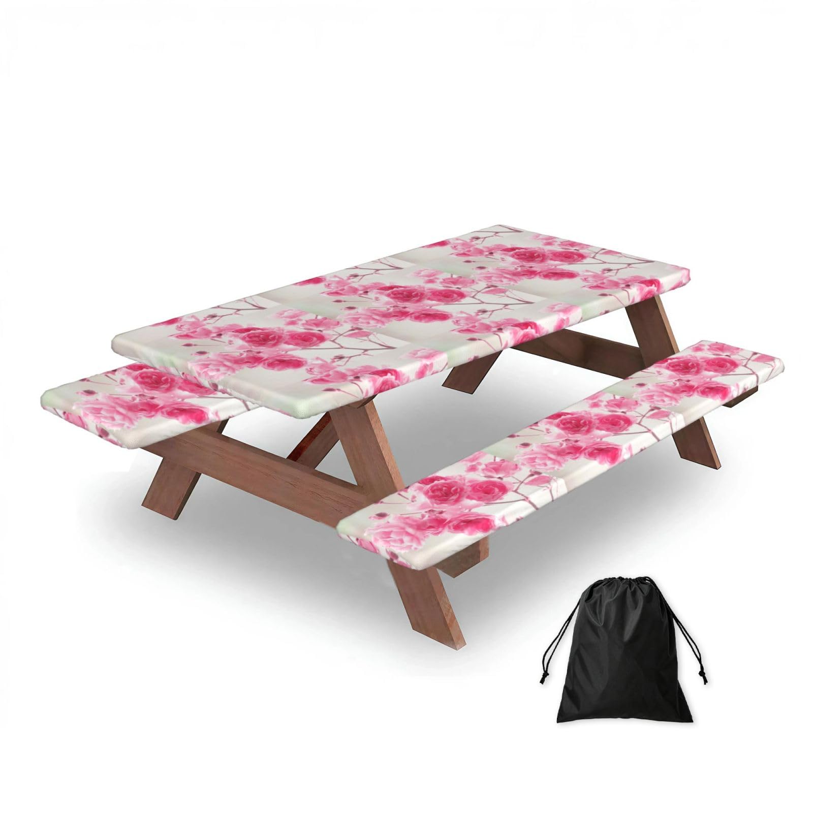 Dopklna As Picture Pink Flowers, Picnic Table Cover With Bench Covers -Waterproof Elastic Fitted Tablecloth For Garden Camping Patio 76X152cm