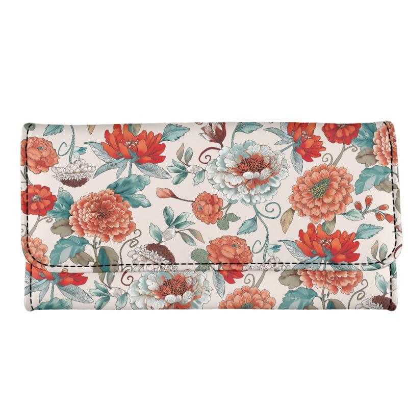 Dahlia Flowers Leather Wallets for Women Long Wallet with ID Window, Vintage Watercolor Floral Change Pouch PU Leather Purse Credit Card Holder 11 Card Slots2