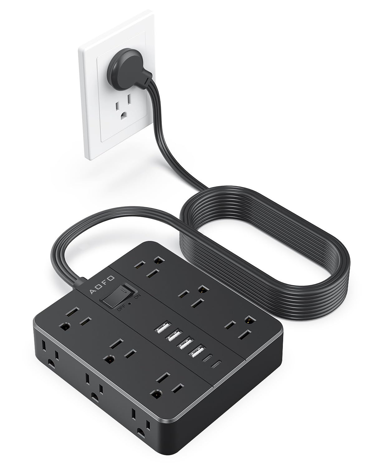 15FT Power Strip,AOFO Flat Plug Extension Cord with Multiple Outlets,Black