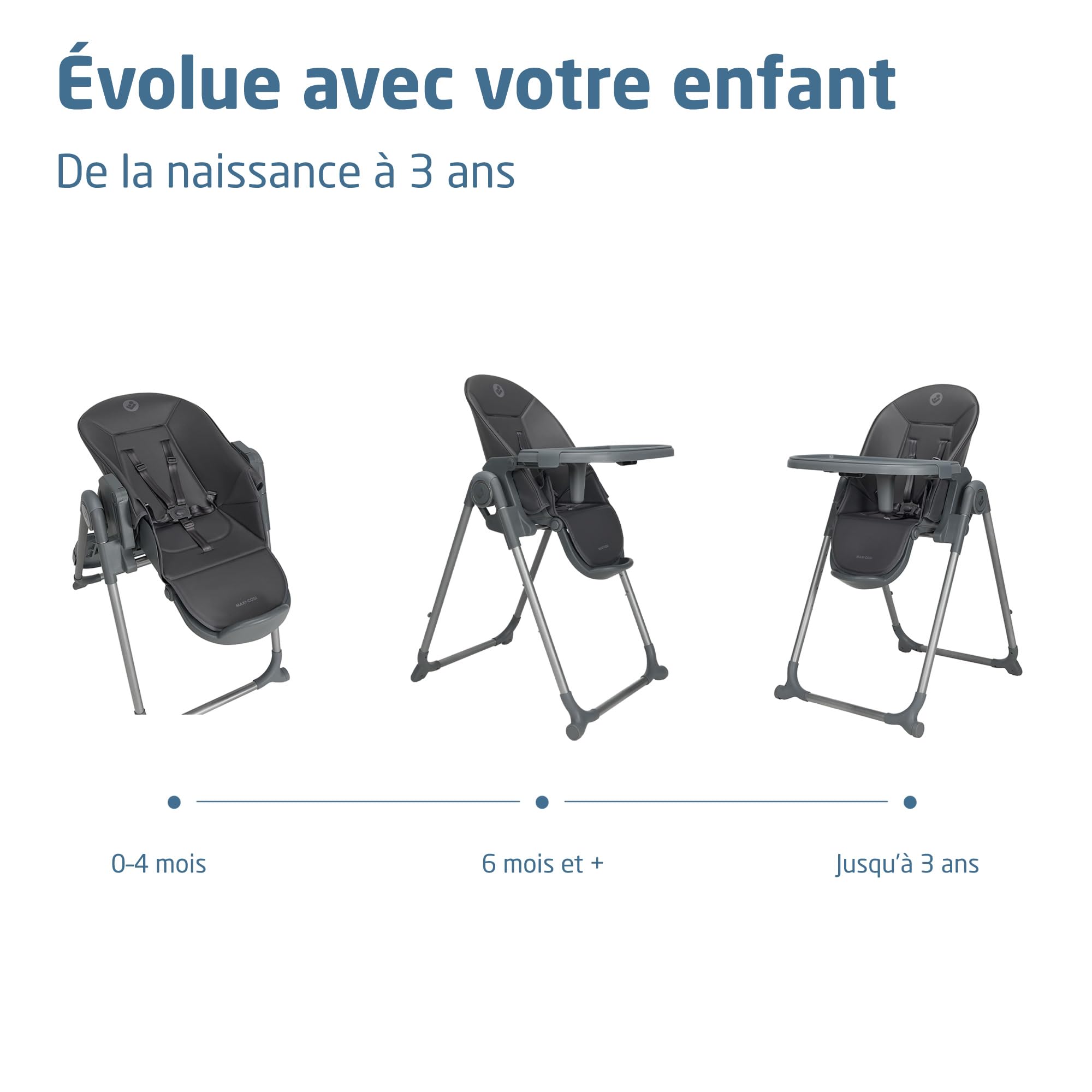 Maxi-Cosi Ava2 Chaise Haute Bébé, 0-3 ans (15 kg max.), Chaise Haute Pliable, Légère (9,45 kg), 4 Réglages D'inclinaison & 5 de Hauteur, Plateau Amovible d'une Main, 2 Roulettes, Elegance Graphite