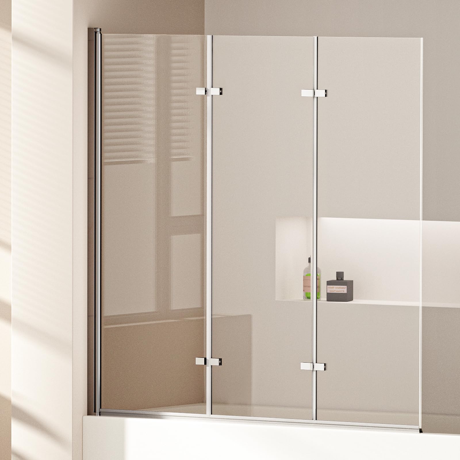 EMKE Pannello doccia per vasca 130x140 cm, paravetro per vasca pieghevole a 3 pezzi, separatore doccia per vasca, pannello per vasca in vetro di sicurezza da 6 mm, facile da pulire