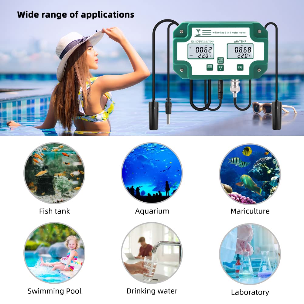 ACAGALA 6-in-1-Wasserqualitätstester Tuya WiFi-Multiparameter-Wasserqualitätsmonitor Digitaler pH-Wert/Gesamtmenge an gelösten Feststoffen/EC/S.G/Salz/Temp-Messgerät für Aquakultur-Schwimmbecken