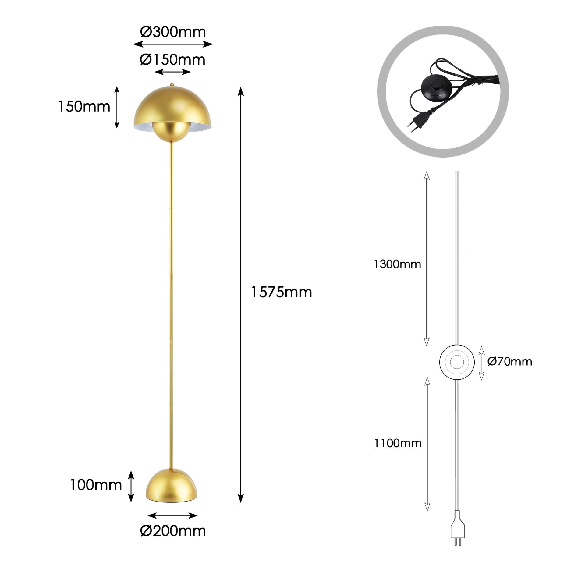 Alpinaluz Lámpara de Pie Dorada de Aluminio con Pantalla de Forma Parabólica Abovedada: Estilo Clásico, Moderno y Nórdico, Ideal para Salón y Comedor con Casquillo E27