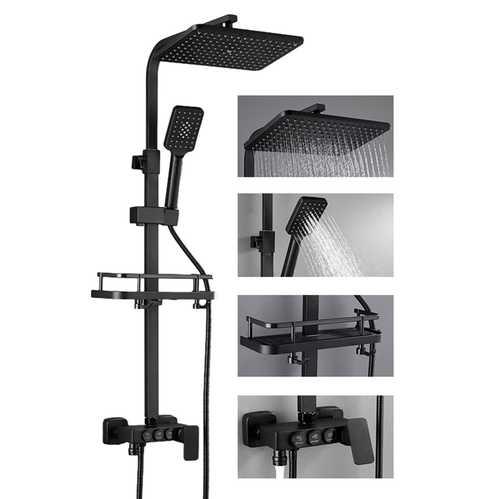 Pommeau de douche à effet pluie 3 fonctions et système mural noir mat