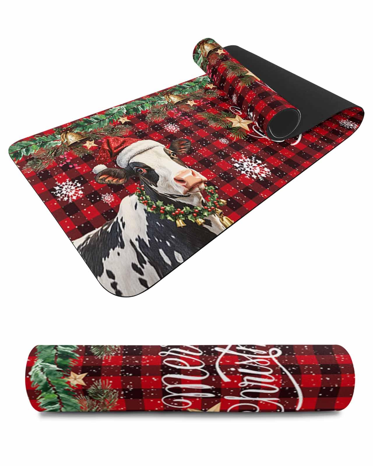 Debedcor Heat Proof Table Pads Waterproof Decorative, Christmas Cow Non-Slip Table Countertop Protector, Red Black Plaid Xmas Animal Snowflake Insulation Mat for Kitchen Room, 40 x 12 Inches
