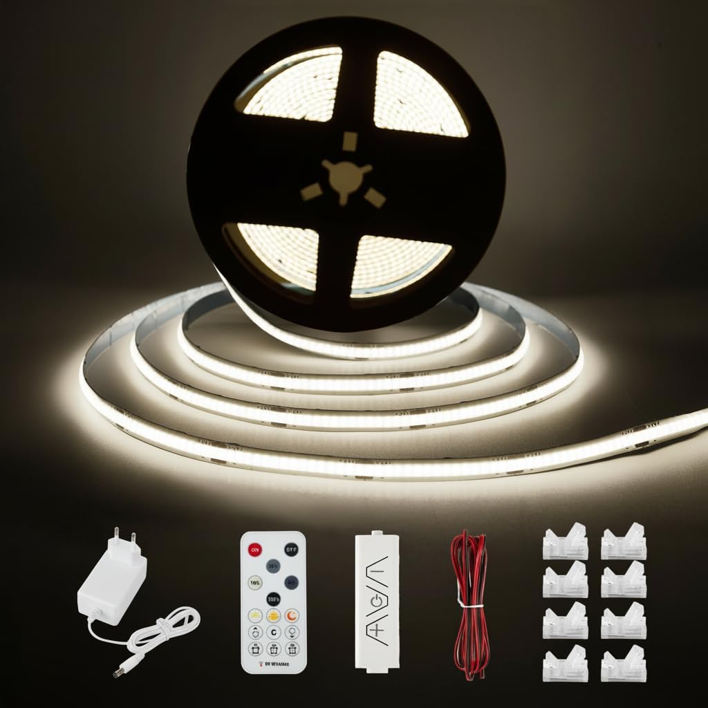 Tira LED COB Blanca, Kit de Tira de Luz Debajo del Gabinete con Control Remoto RF para Vitrina, Cocina, Escritorio, Estante, Gabinete, Incluye Adaptador de 24 V (Blanco Frío, 10 Metros)