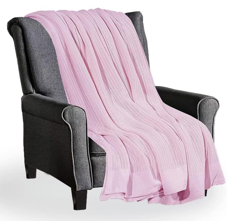 Crescent Textile Adult Cellular Blanket Pure 100% Organic Cotton Large Bed Throw Reversible Lightweight |Thermal Soft Traditional Cellular Blanket (Pink, Single 180 X 230cm)